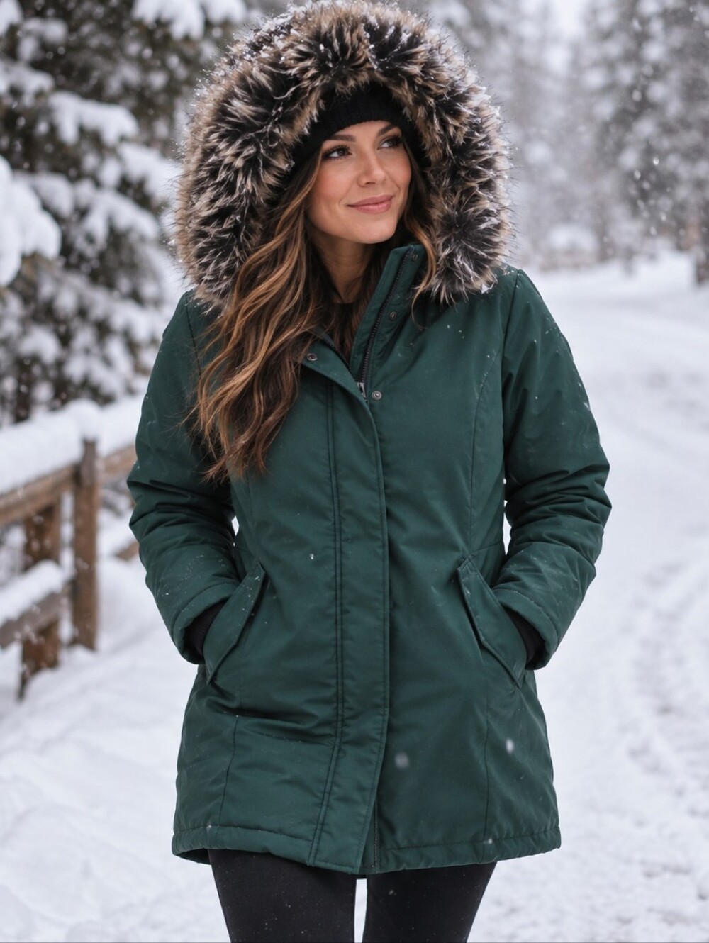 Only Forest Green Hooded Coat with Faux Fur Trim